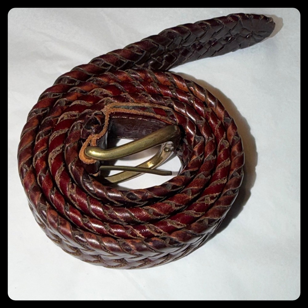 Mens Woven Belt 34 Brown Braided Full Grain Leather Brass Buckle Casual